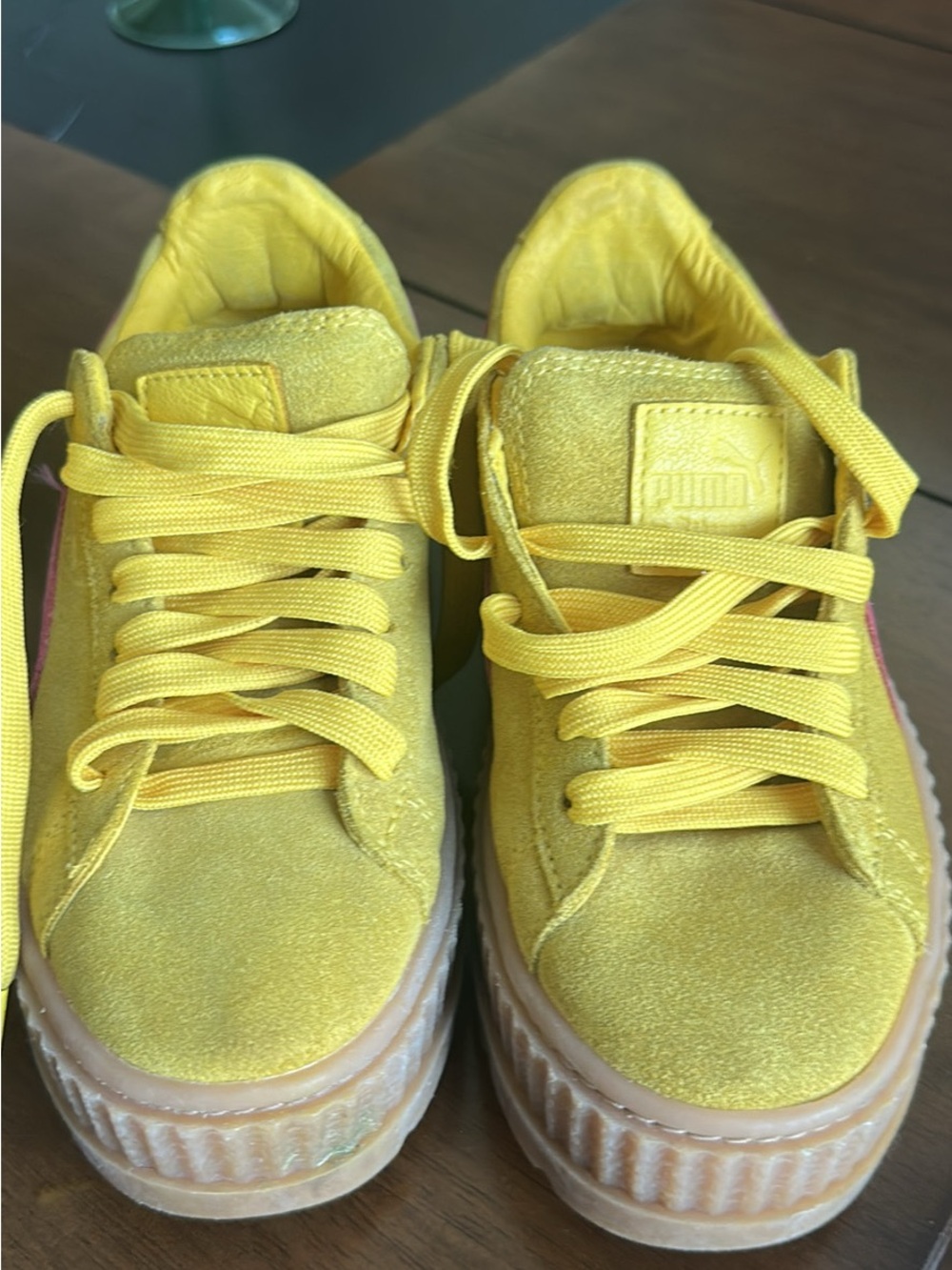 PUMA Yellow Suede Platform Sneakers with Pink Stripe - Picture 2 of 5